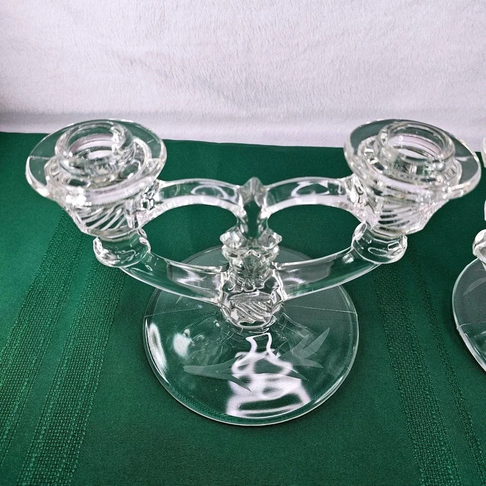 Pair Vintage Etched Glass Taper Candle Holders Double Arm Candelabra Crystal‎